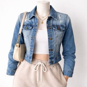 Enjean Distressed Denim Jacket Womens Small Fitted Light Wash
